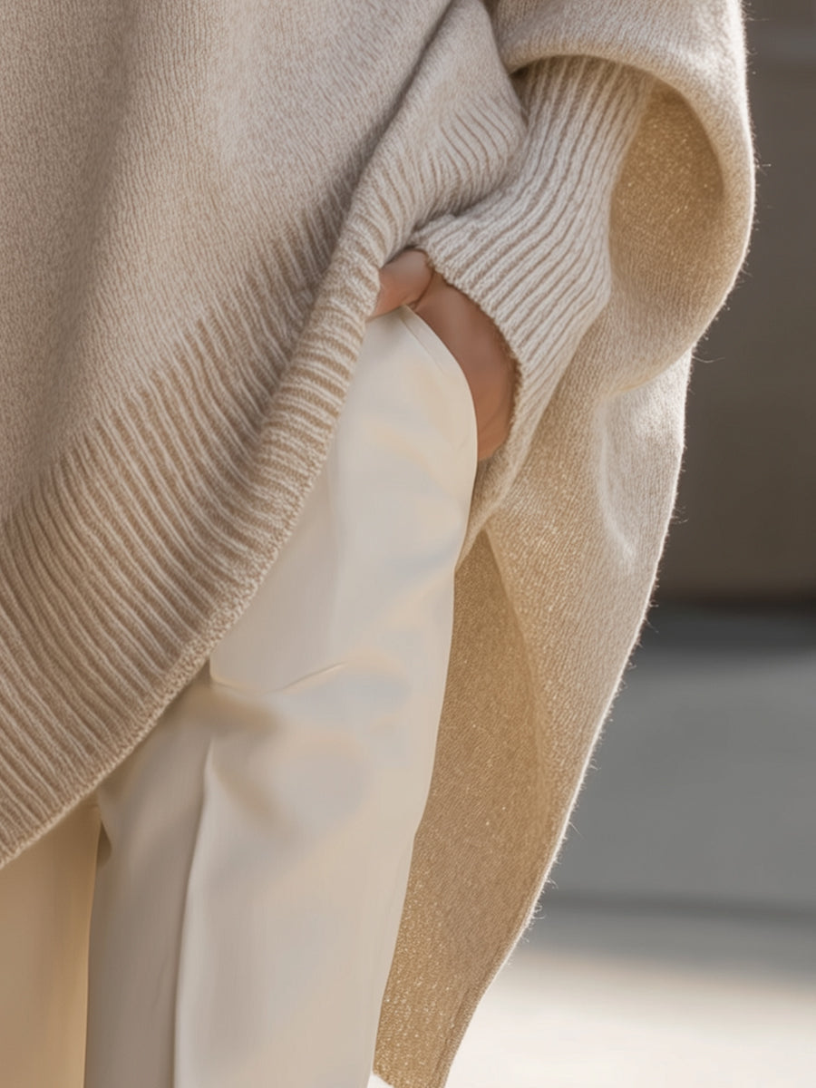 Dames Gebreide Poncho-Pullover met Asymmetrische Zoom