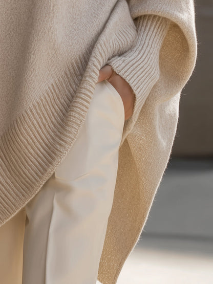 Dames Gebreide Poncho-Pullover met Asymmetrische Zoom