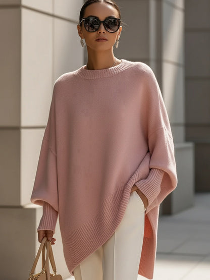 Dames Gebreide Poncho-Pullover met Asymmetrische Zoom Roze