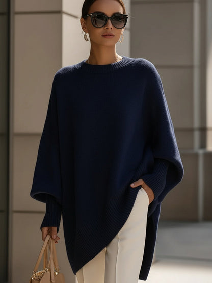 Dames Gebreide Poncho-Pullover met Asymmetrische Zoom Marineblauw