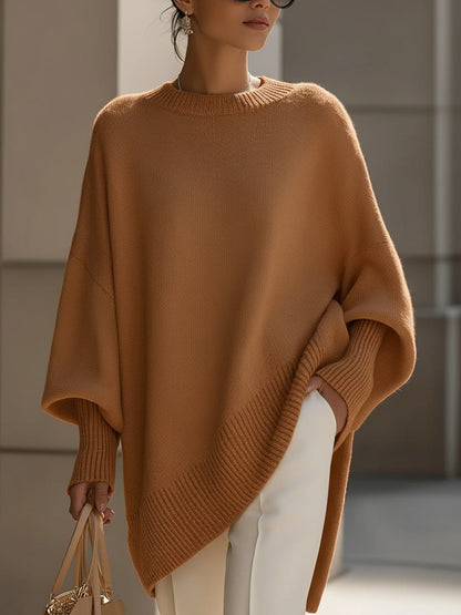 Dames Gebreide Poncho-Pullover met Asymmetrische Zoom Karamel