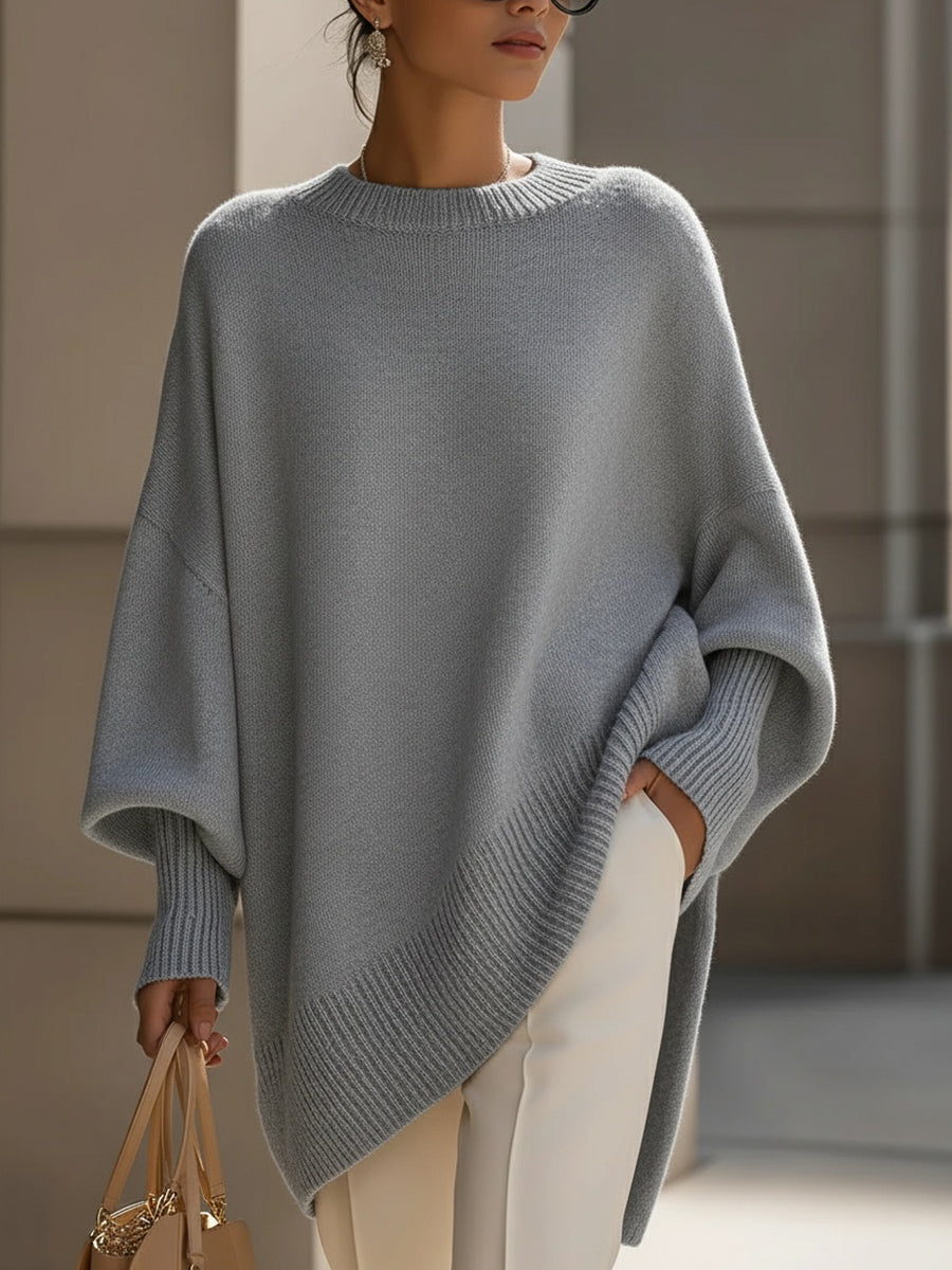 Dames Gebreide Poncho-Pullover met Asymmetrische Zoom Grijs