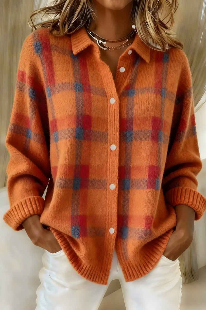 Dames Geruite Oversized Cardigan met Kraag en Knoopsluiting Oranje