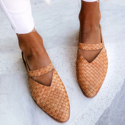 Dames Gevlochten Flats met V-hals Uitsnijding en Gekruiste Band