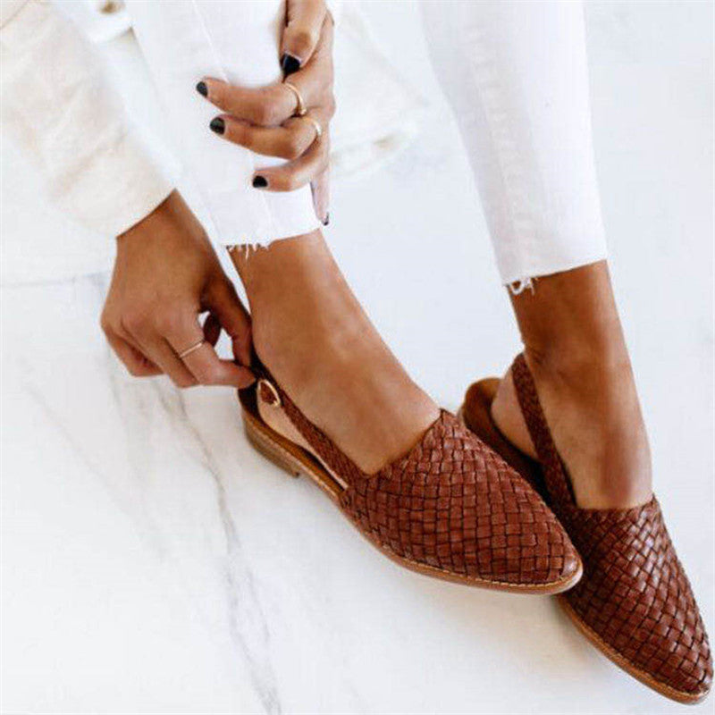 Dames Gevlochten Slingback Flats met Spitse Neus en Gesp Donkerbruin