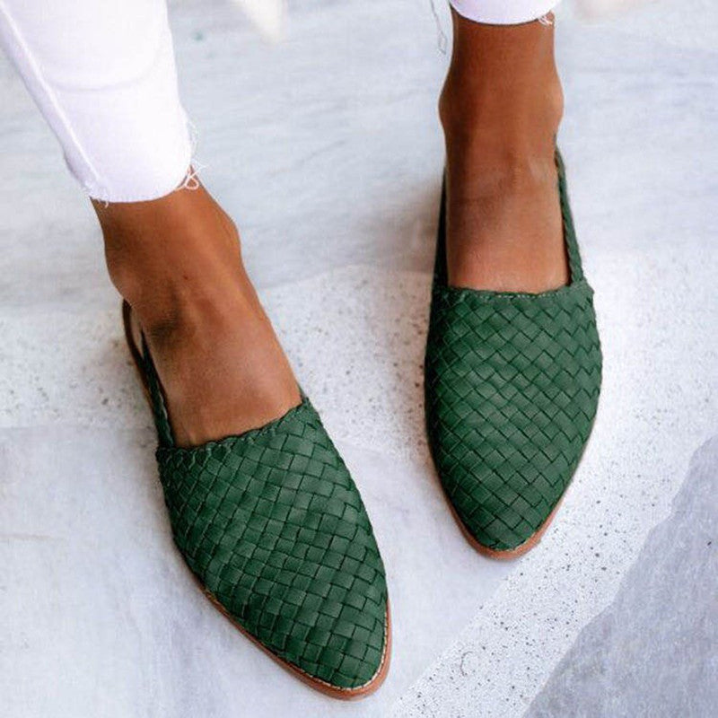 Dames Gevlochten Slingback Flats met Spitse Neus en Gesp Groen