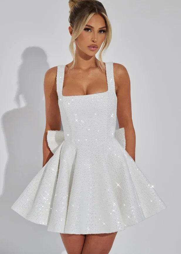 Dames Glitter Mini Jurk met Verstelbare Bandjes en Grote Strik op de Rug Wit