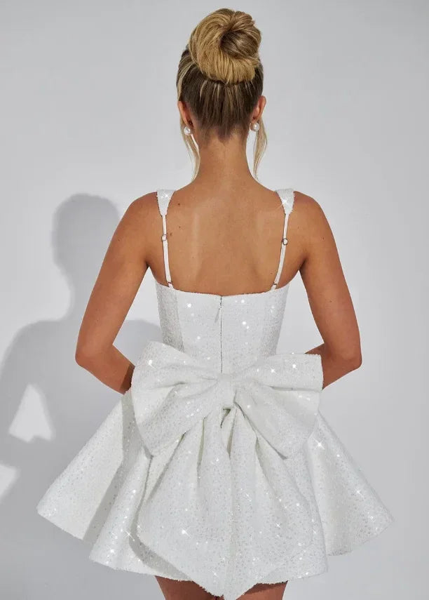 Dames Glitter Mini Jurk met Verstelbare Bandjes en Grote Strik op de Rug