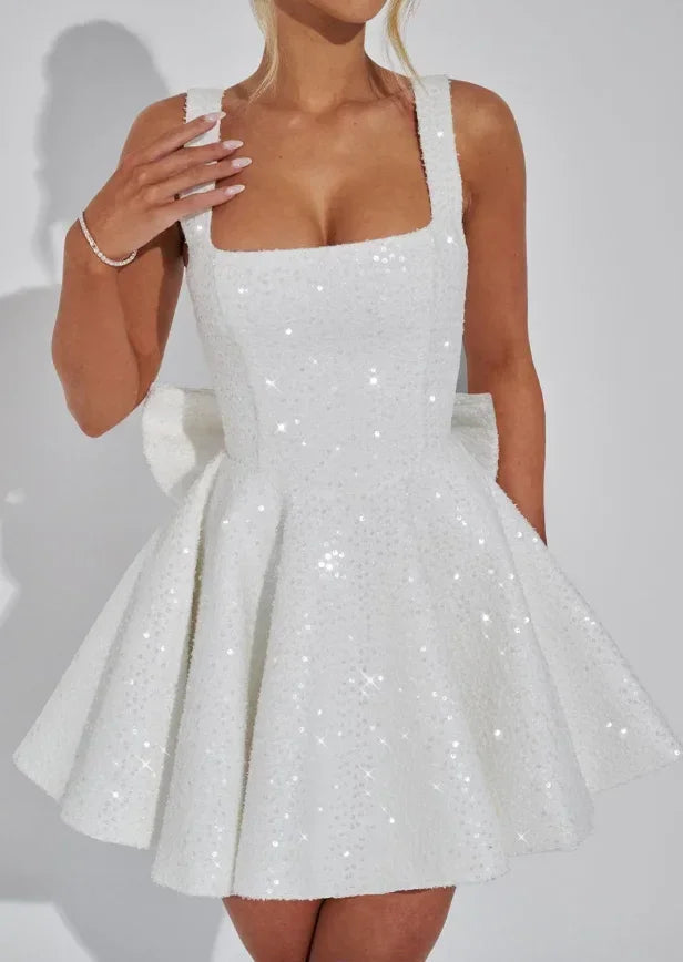 Dames Glitter Mini Jurk met Verstelbare Bandjes en Grote Strik op de Rug