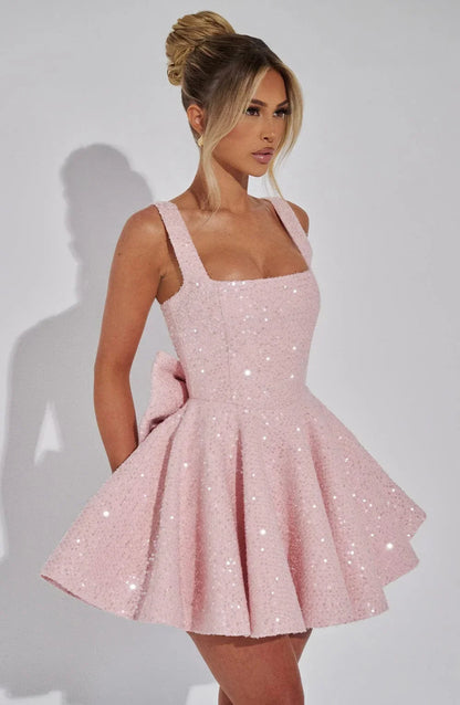 Dames Glitter Mini Jurk met Verstelbare Bandjes en Grote Strik op de Rug