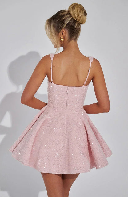 Dames Glitter Mini Jurk met Verstelbare Bandjes en Grote Strik op de Rug