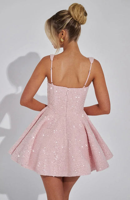 Dames Glitter Mini Jurk met Verstelbare Bandjes en Grote Strik op de Rug