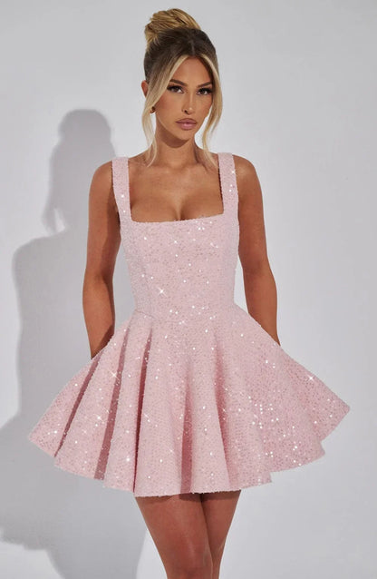Dames Glitter Mini Jurk met Verstelbare Bandjes en Grote Strik op de Rug Roze