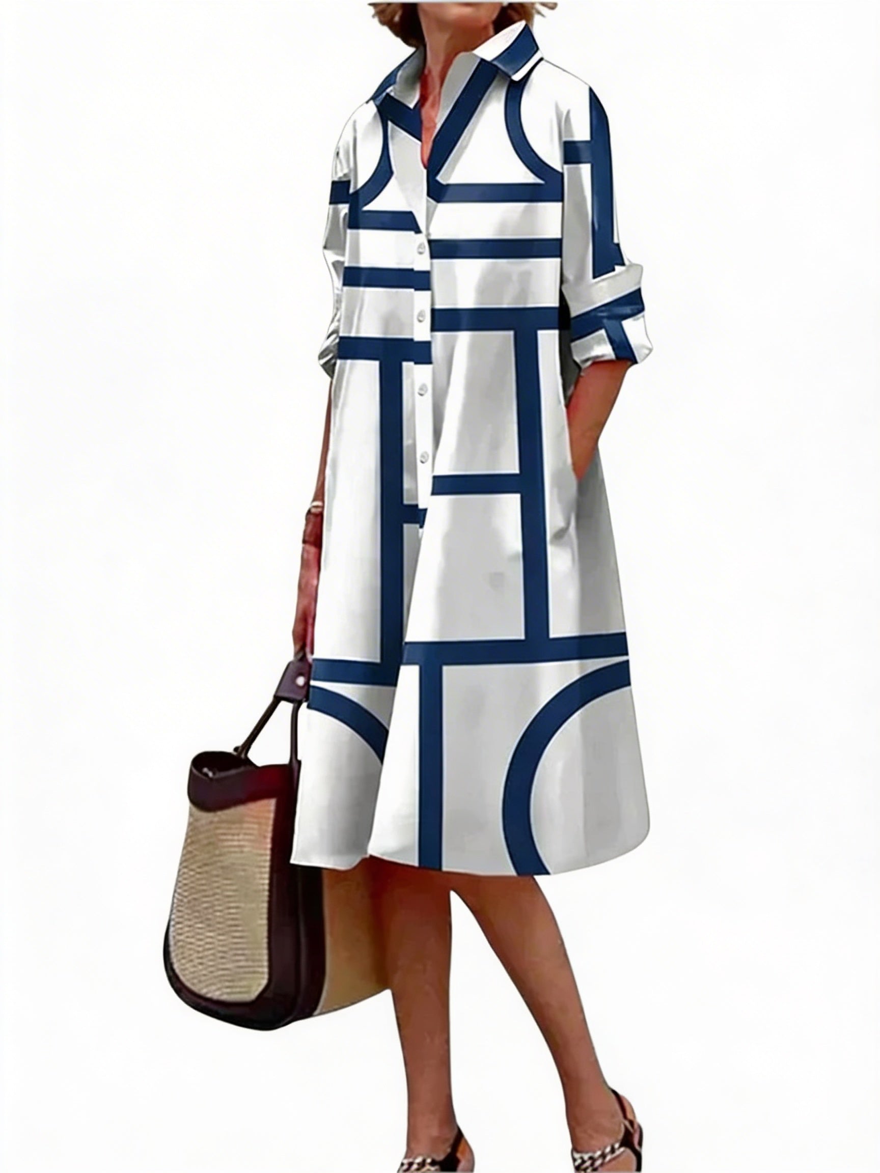 Dames Hemdjurk met Geometrische Print en Zakken