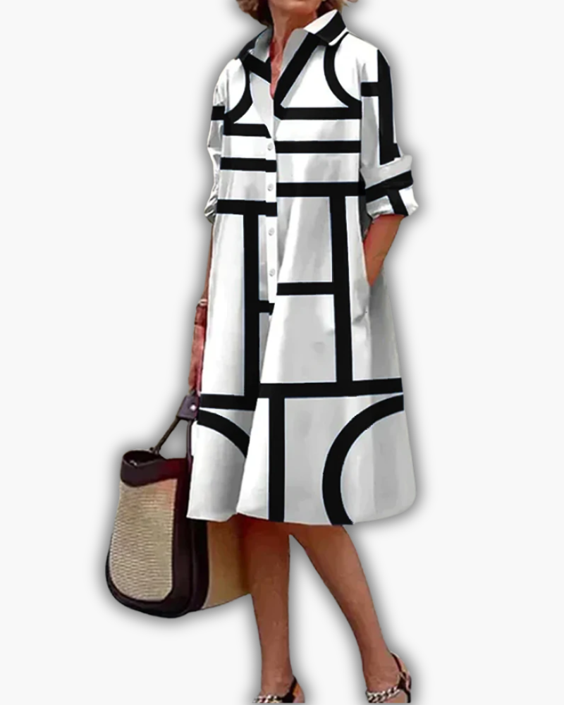 Dames Hemdjurk met Geometrische Print en Zakken Zwart