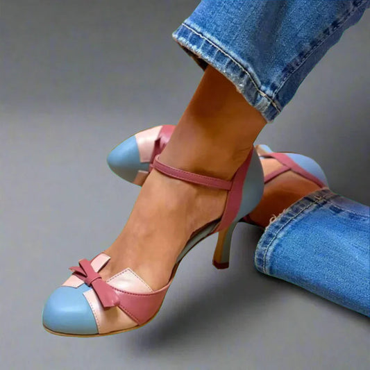 Dames High Heels met Enkelbandje, Ronde Neus en Strikje Blauw Roze