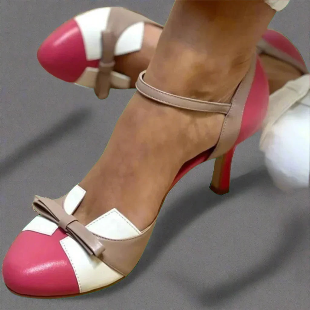 Dames High Heels met Enkelbandje, Ronde Neus en Strikje Roze Beige