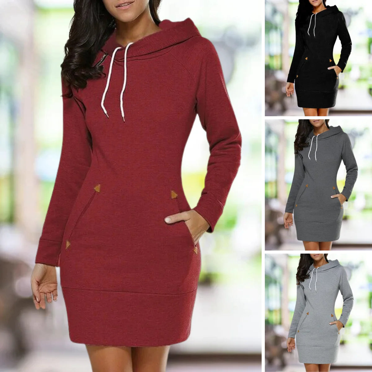 Dames Hoodie Jurk met Lange Mouwen en Zijzakken