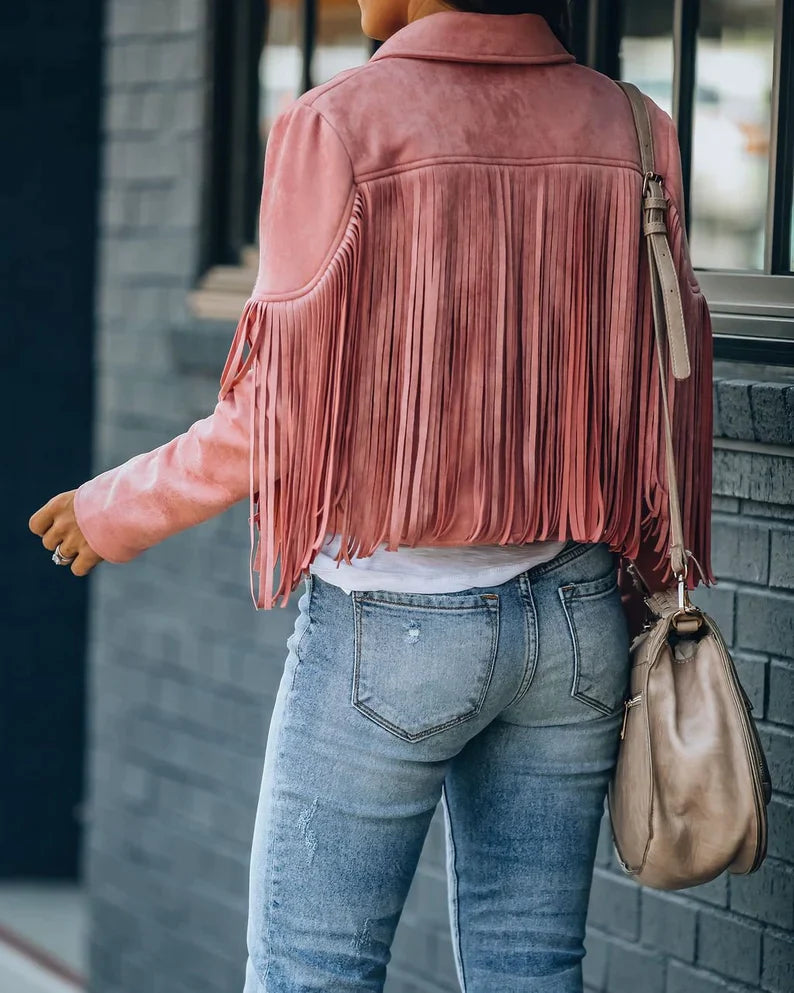 Dames Jasje Kort met Franjes Lange Mouw O-hals