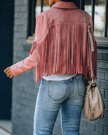 Dames Jasje Kort met Franjes Lange Mouw O-hals