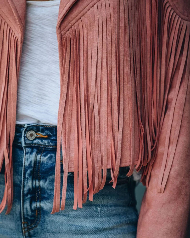 Dames Jasje Kort met Franjes Lange Mouw O-hals