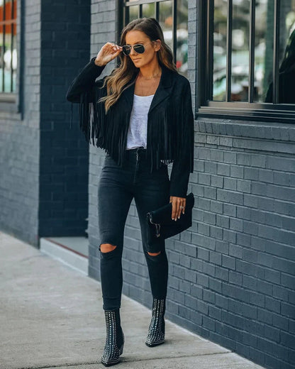 Dames Jasje Kort met Franjes Lange Mouw O-hals