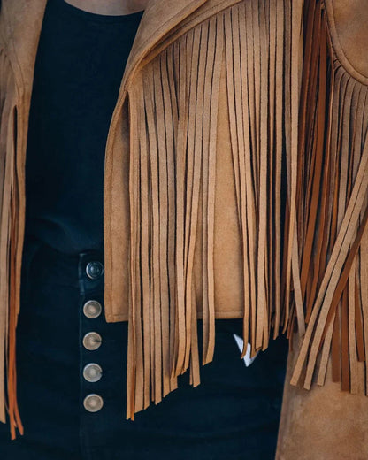 Dames Jasje Kort met Franjes Lange Mouw O-hals