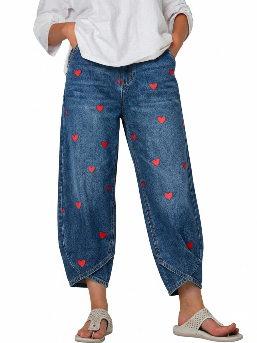 Dames Jeans met Hartenprint en Wijde Pijpen