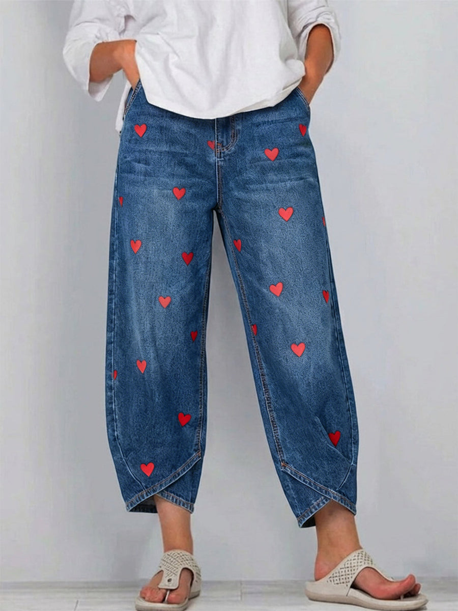 Dames Jeans met Hartenprint en Wijde Pijpen Blauw