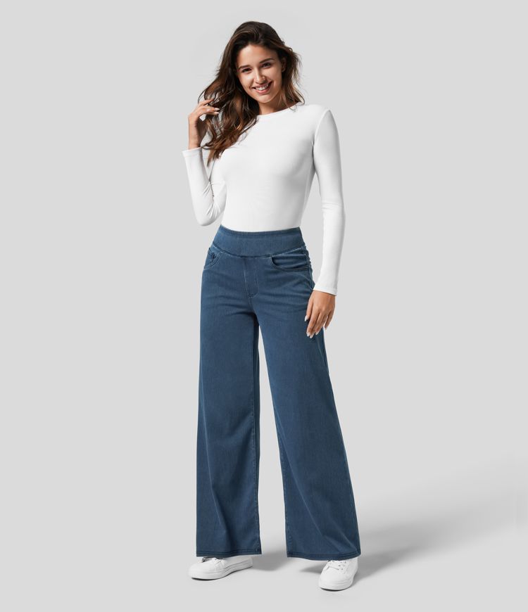 Dames Jeans Wide Leg met Hoge Taille en Elastische Band