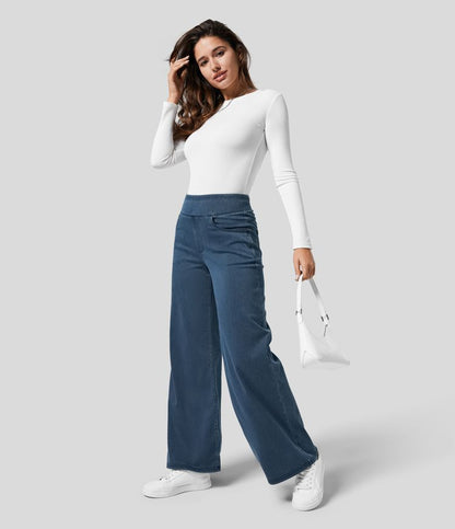 Dames Jeans Wide Leg met Hoge Taille en Elastische Band Donkerblauw