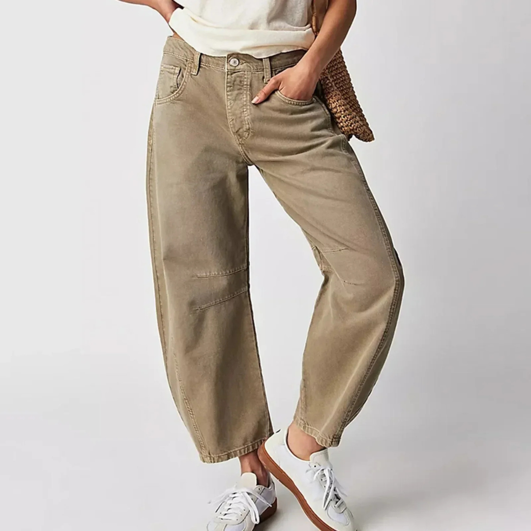 Dames Jeans Wide Leg met Lage Taille en Relaxed Fit Beige