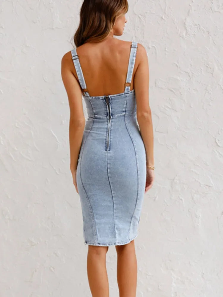 Dames Jeanskleid Midi Mouwloos met Verstellbare Bandjes en Zijsplit