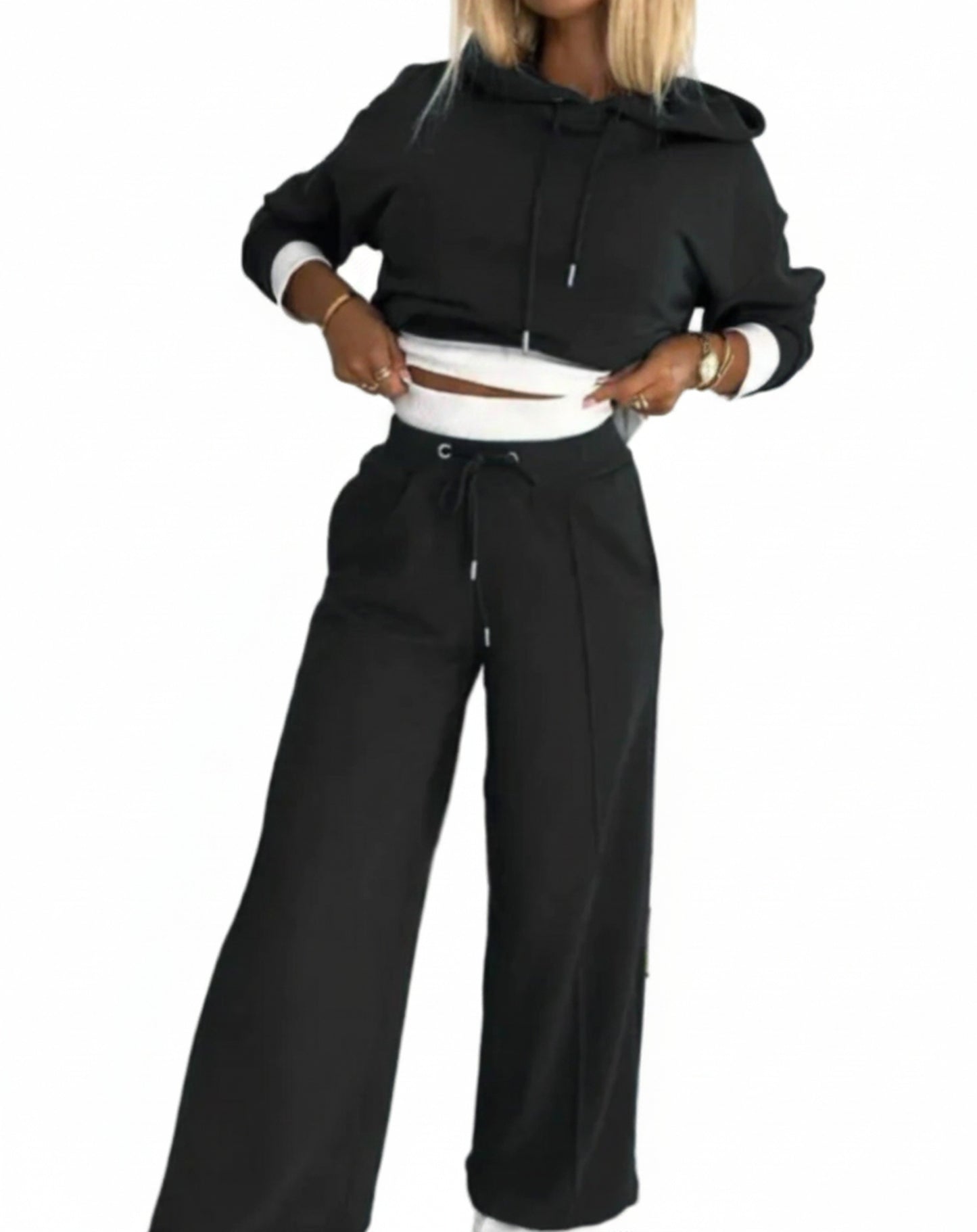 Dames Joggingpak met Crop Hoodie en Wide-leg Broek