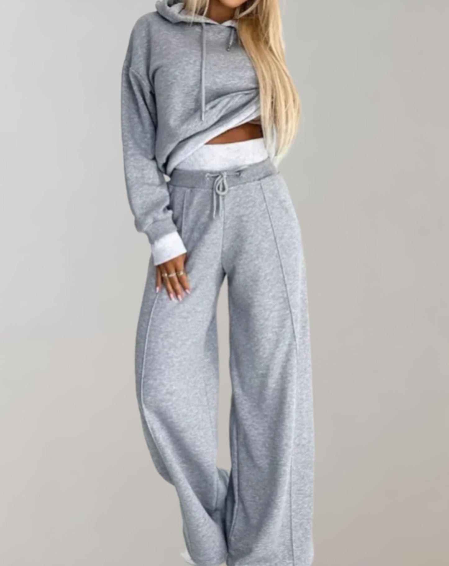 Dames Joggingpak met Crop Hoodie en Wide-leg Broek Grijs