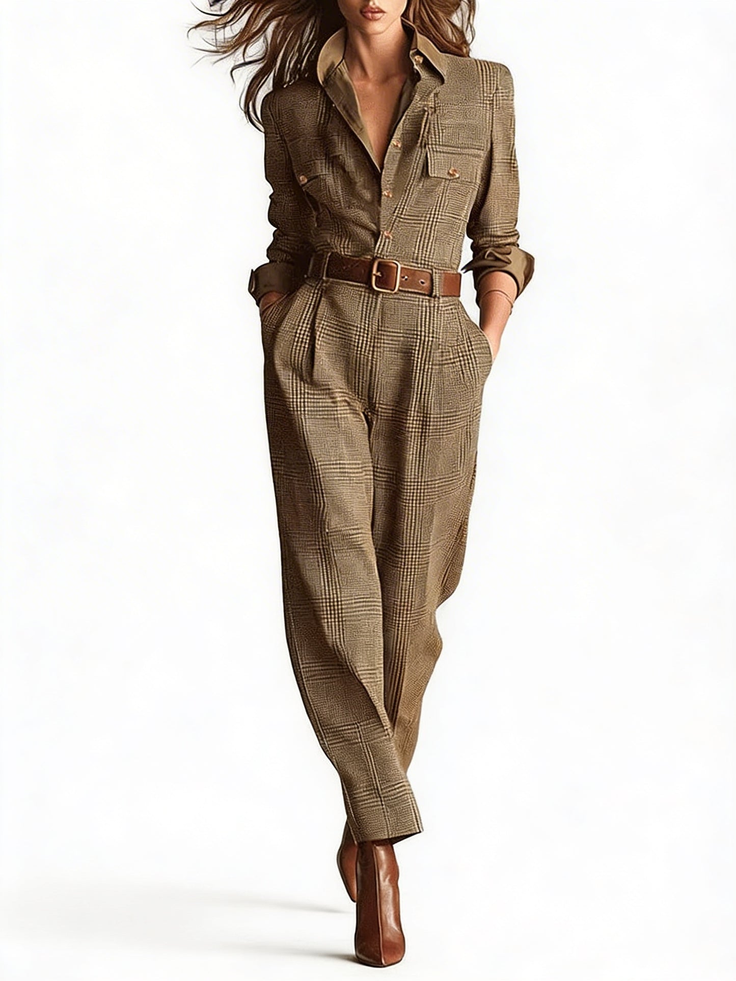 Dames Jumpsuit Geruit met Kraag en Borstzakken