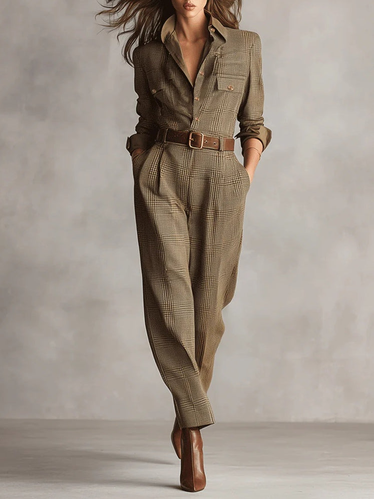 Dames Jumpsuit Geruit met Kraag en Borstzakken Bruin