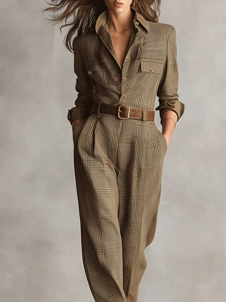 Dames Jumpsuit Geruit met Kraag en Borstzakken