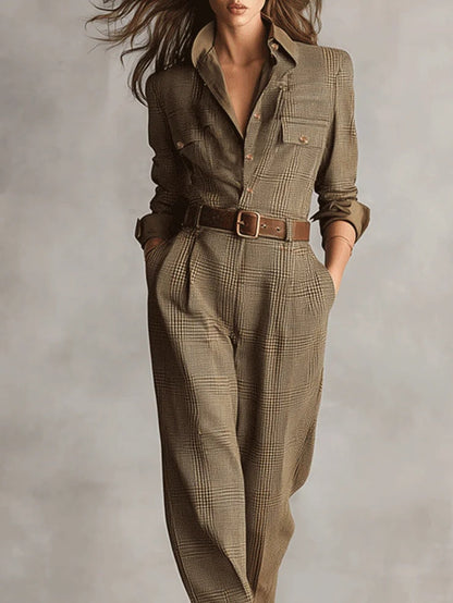 Dames Jumpsuit Geruit met Kraag en Borstzakken