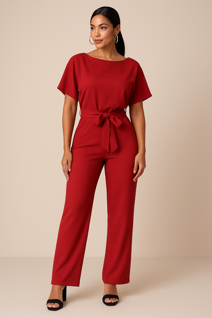 Dames Jumpsuit Korte Mouw met Strikband en Rechte Pijpen Rood