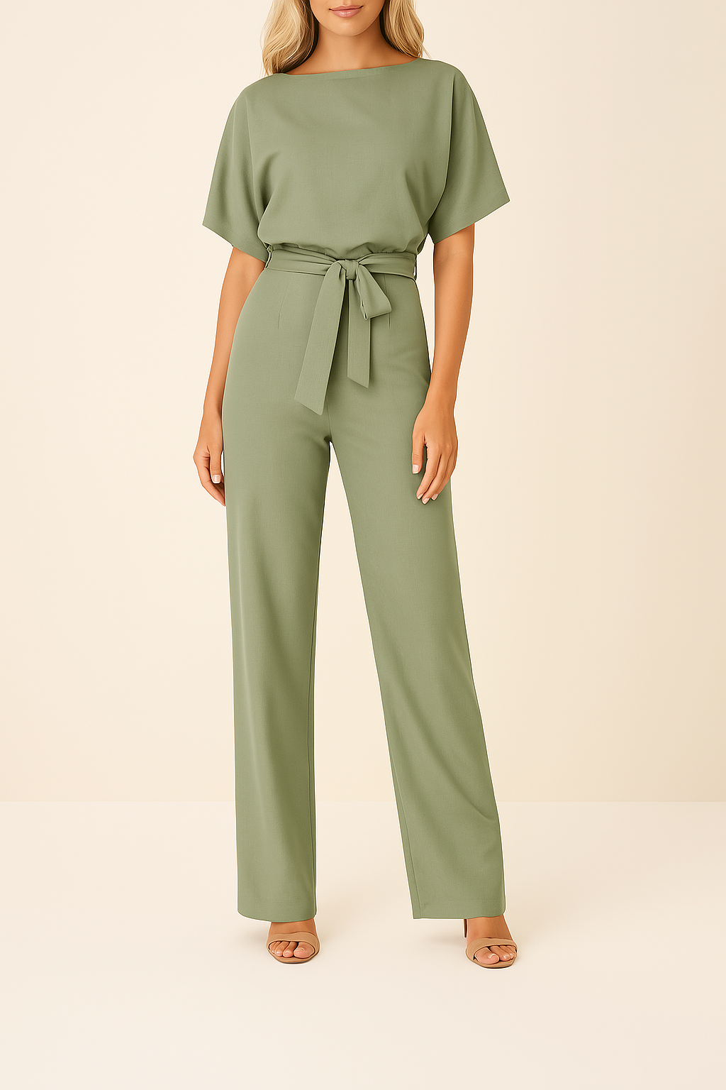 Dames Jumpsuit Korte Mouw met Strikband en Rechte Pijpen Groen