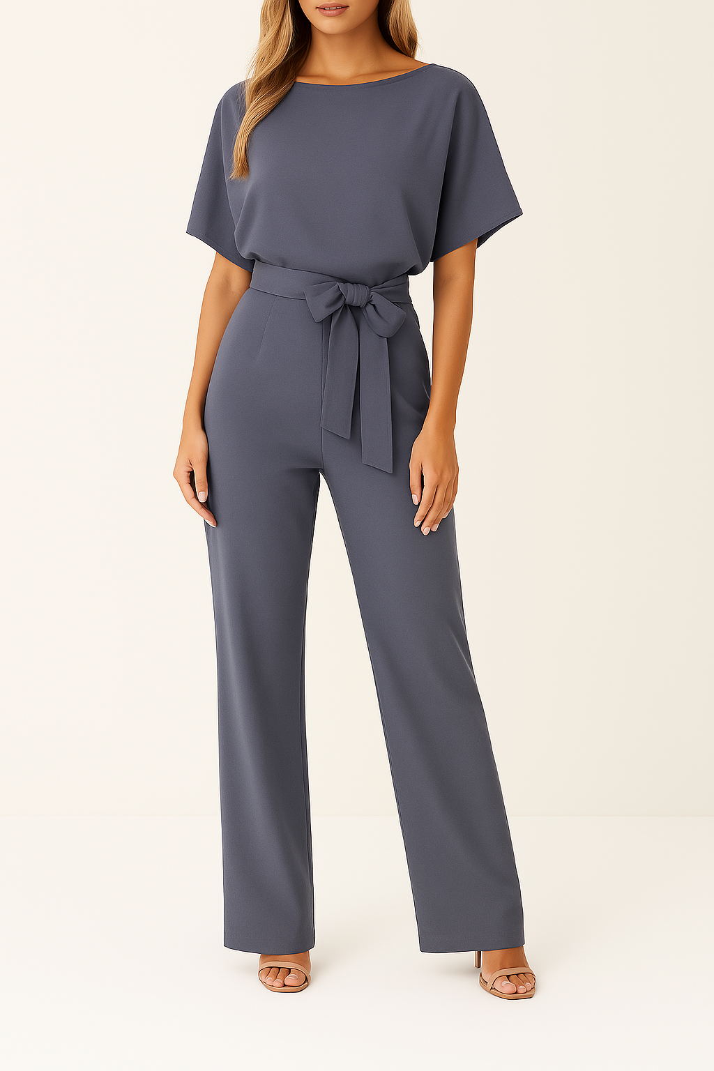 Dames Jumpsuit Korte Mouw met Strikband en Rechte Pijpen Grijs