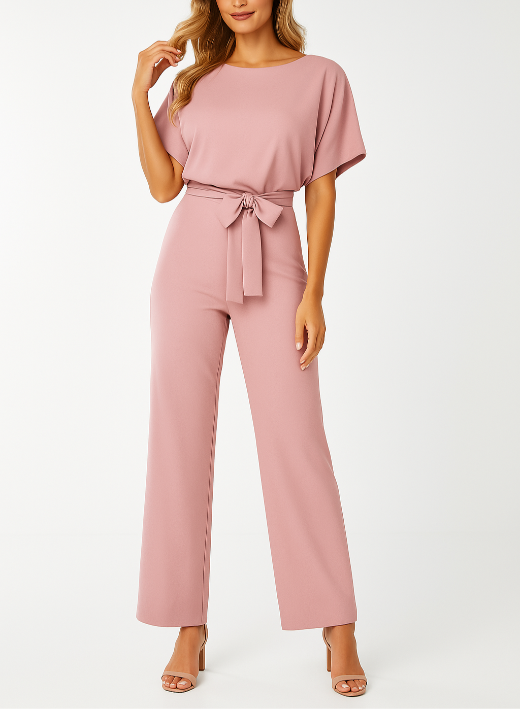 Dames Jumpsuit Korte Mouw met Strikband en Rechte Pijpen Roze