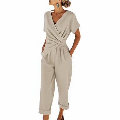 Dames Jumpsuit Korte Mouw met V-hals en Overslag Taille