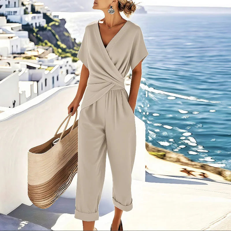 Dames Jumpsuit Korte Mouw met V-hals en Overslag Taille