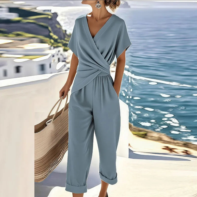 Dames Jumpsuit Korte Mouw met V-hals en Overslag Taille