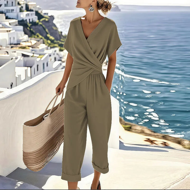 Dames Jumpsuit Korte Mouw met V-hals en Overslag Taille