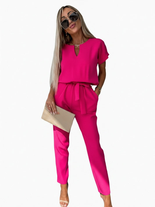 Dames Jumpsuit Korte Mouw met V-hals en Strikceintuur