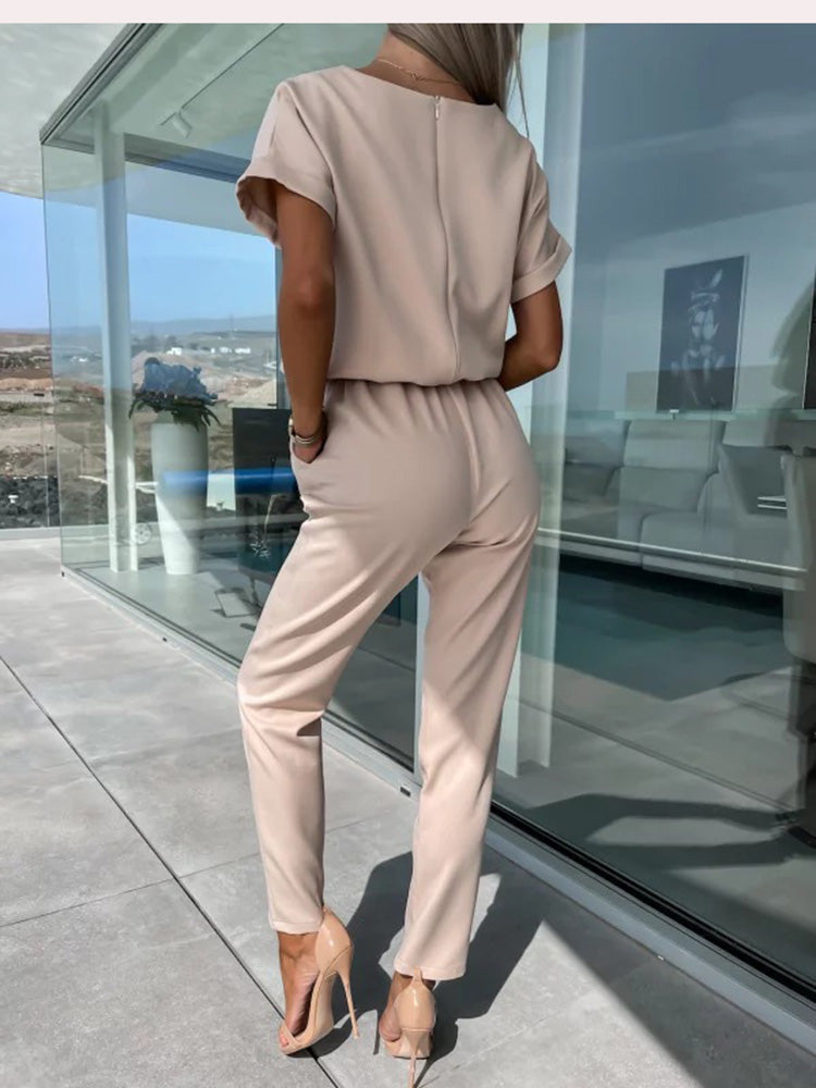 Dames Jumpsuit Korte Mouw met V-hals en Strikceintuur