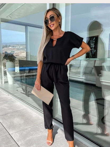 Dames Jumpsuit Korte Mouw met V-hals en Strikceintuur Zwart